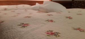a white bed with pink flowers on it at Waldpension Reisinger in Fladnitz an der Teichalm