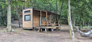 a tiny house in the woods with a swing at Domek na Kaszubach w Potęgowie in Kamienicki Młyn
