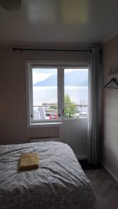 a bedroom with a bed and a large window at Grodås Lake View Apartment in Hornindal