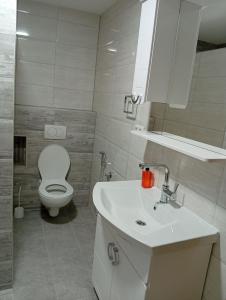 a white bathroom with a toilet and a sink at Apartman Ema in Bihać