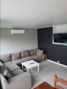 a living room with a couch and a table at Sentral leilegheit i Ørsta in Ørsta