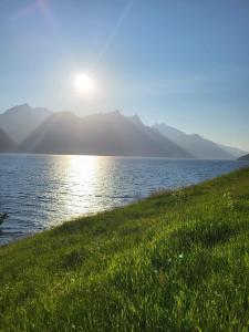 a field of grass next to a body of water at Sentral leilegheit i Ørsta in Ørsta