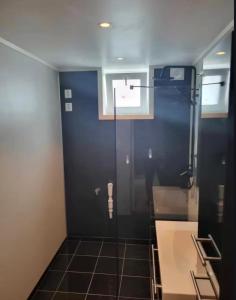 a bathroom with a shower with a glass door at Sentral leilegheit i Ørsta in Ørsta