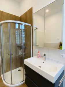 a bathroom with a shower and a sink at Kreide & Kissen in Lünebach