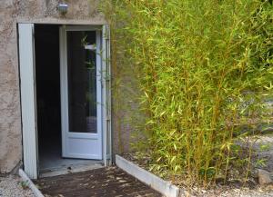 an open door into a building with a bush at Appartement T2 in Montauroux