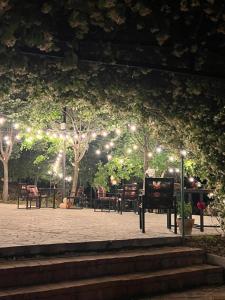 a park at night with lights and tables and chairs at Kështjella Myftari in Patos