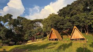 two tents in a field with trees in the background at Abot Langit Calatagan in Calatagan