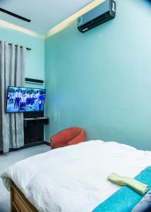 a bedroom with a bed and a flat screen tv at RJ's Apartments Korogwe in Korogwe