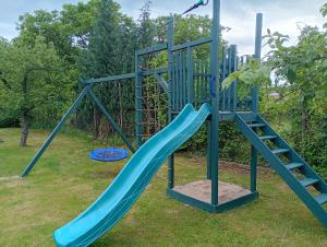 a playground with a blue slide in the grass at Nocleg pod Orzechem Apartament z 2 pokojami in Wapnica