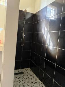 a bathroom with a shower with black tiles at Logis Baobab in Morondava