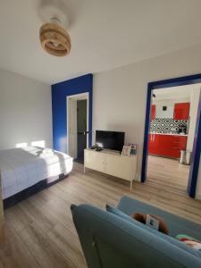 a bedroom with a bed and a tv and a couch at Les couleurs de Schiltigheim - Aux portes de Strasbourg - Parlement in Schiltigheim