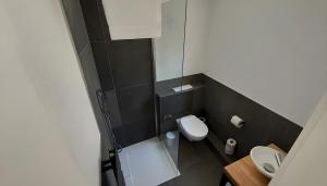 a small bathroom with a toilet and a sink at Hotel am Kocher in Schwäbisch Hall +24 photos