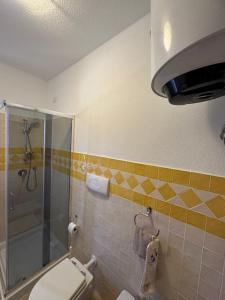 a bathroom with a toilet and a glass shower at Carpa House in Valledoria