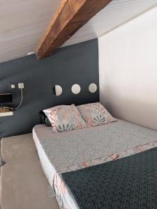 a bedroom with a bed with a black wall at Tiny house - Drap, France in Drap