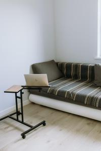 a couch with a table and a laptop on it at Obsenieki - moderna lauku sēta in Stalidzāni