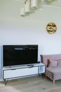 a living room with a flat screen tv on a white entertainment center at Obsenieki - moderna lauku sēta in Stalidzāni