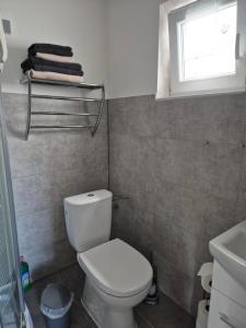 a bathroom with a white toilet and a window at Auszeit in Balatonmagyaród