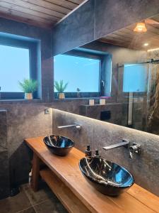 two sinks on a wooden counter in a bathroom at Chalet Martinky in Martin +71 photos