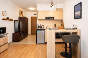 a kitchen with a table and a refrigerator at Edelweiss Studio - Aspen Valley in Razlog +17 photos