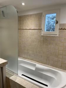 a bathroom with a shower with a bath tub at la capelette in Céreste