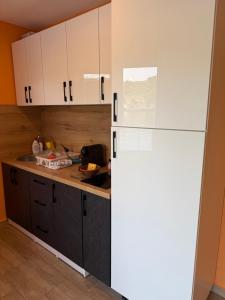 a kitchen with white cabinets and a white refrigerator at Villa Relax Zvornicko Jezero in Zvornik +10 photos