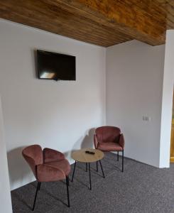 two chairs and a table in a room at Complex Alena in Ranca