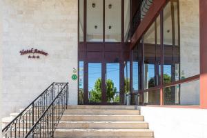 a staircase leading to a building with glass doors at Hotel Anina in Techirghiol