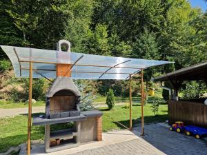 a pizza oven with a glass roof on top of it at Casa Ada in Arpaşu de Sus