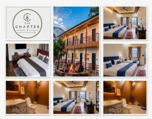 a collage of four pictures of a hotel room at The Chapter Stay - Kedarnath in Phata