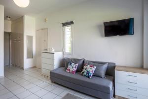 a living room with a couch and a flat screen tv at Akrotiri apartment in Pefkochori