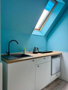 a kitchen with a sink and a skylight at Dom Gościnny Tomasz Mielenko in Mielenko