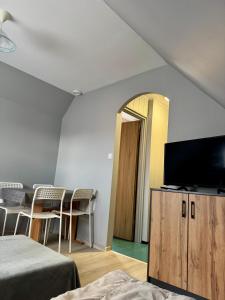 a room with a bed and a flat screen tv at Dom Gościnny Tomasz Mielenko in Mielenko