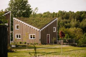 a barn style house with a green roof at Kwiatowisko in Szewnia