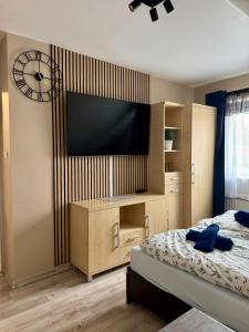 a bedroom with a flat screen tv on the wall at Dom Gościnny Tomasz Mielenko in Mielenko