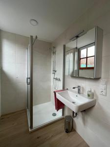 a white bathroom with a sink and a shower at Ferienwohnung Tor zum Oberwald in Herbstein