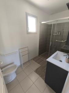 a bathroom with a toilet and a shower and a sink at Une pause à Magny appartement de 51 m2 proche Beaune et Dijon NETFLIX gratuit in Magny-lès-Villers +9 photos