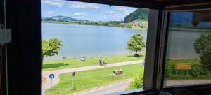 a view of a lake from a window at Direkt am Hopfensee- große Ferienwohnung in Füssen