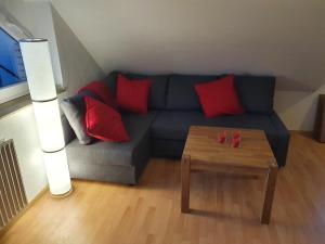 a living room with a blue couch with red pillows at Griesenstraße Morgensonne in Warendorf