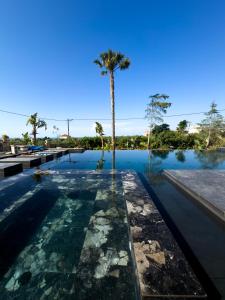 a palm tree in the middle of a swimming pool at Thèros Mansion 5BR Mansion Sky Villa 360 Views, Infinity Pool & Jacuzzi Spa in Planos