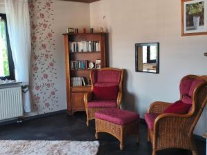 a living room with two chairs and a book shelf at Ferienwohnung Marie in Nohfelden