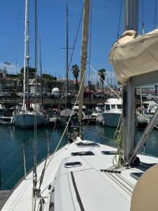 a white boat docked in a marina with other boats at BeliBoat in Cascais