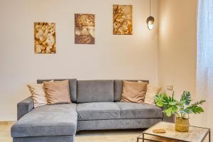 a grey couch in a living room with paintings on the wall at Floras House in Paradeísion