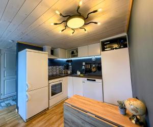 a kitchen with a white refrigerator and a ceiling at The Perfect Stop - Northern Halo in Lødingen