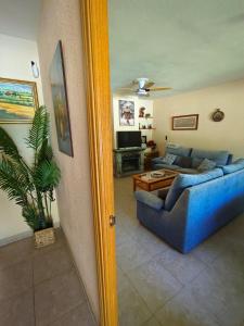 a living room with a blue couch and a table at montepino 2 in Maello
