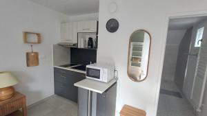 a small kitchen with a microwave and a sink at Le Cozy Cocon in Franqueville-Saint-Pierre