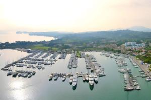 an aerial view of a harbor filled with boats at Cozy Stay Corfu – Studio 10 in Gouvia