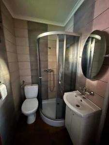 a bathroom with a shower and a toilet and a sink at Domki letniskowe u Marty in Łeba +56 photos
