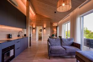 a kitchen and living room with a couch and a table at Lapės Kalva in Rimėnai +12 photos