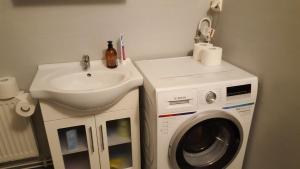 a bathroom with a washing machine and a sink at Cosy studio-apartment in the centre of Hudksvall #5 in Hudiksvall