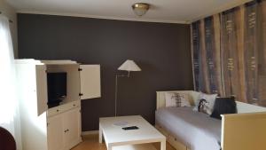 a small bedroom with a bed and a tv at Cosy studio-apartment in the centre of Hudksvall #5 in Hudiksvall